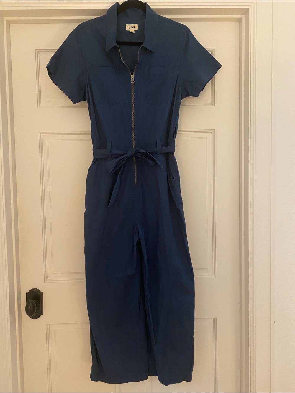 Pact Navy Short-Sleeve Zip Jumpsuit with Self-Tie Waist